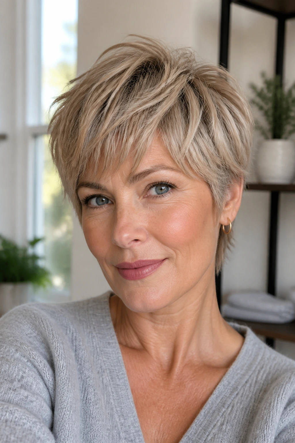 Close-up portrait of a real woman with feathered bixie cut