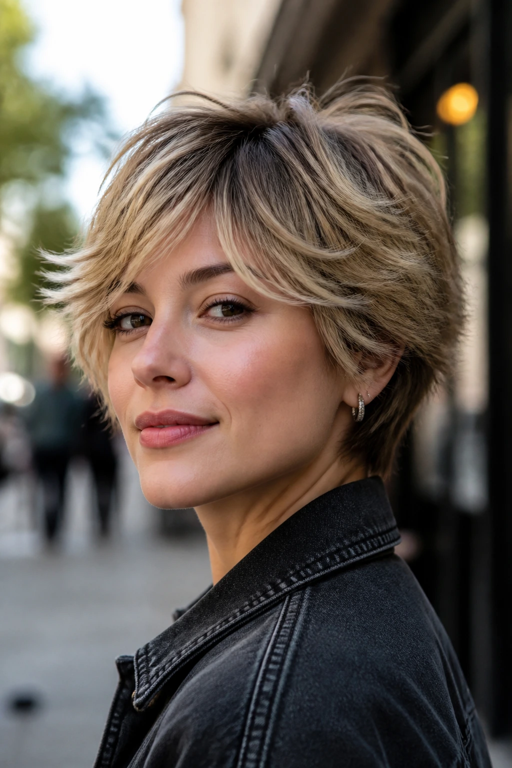 Close-up portrait of a woman with a feathered bixie cut