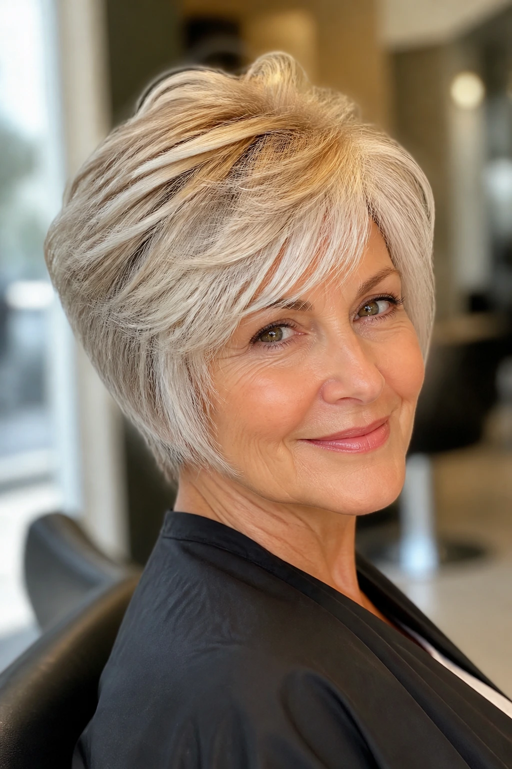 Close-up of a real woman's face with a feathered bixie haircut in champagne-to-silver tones