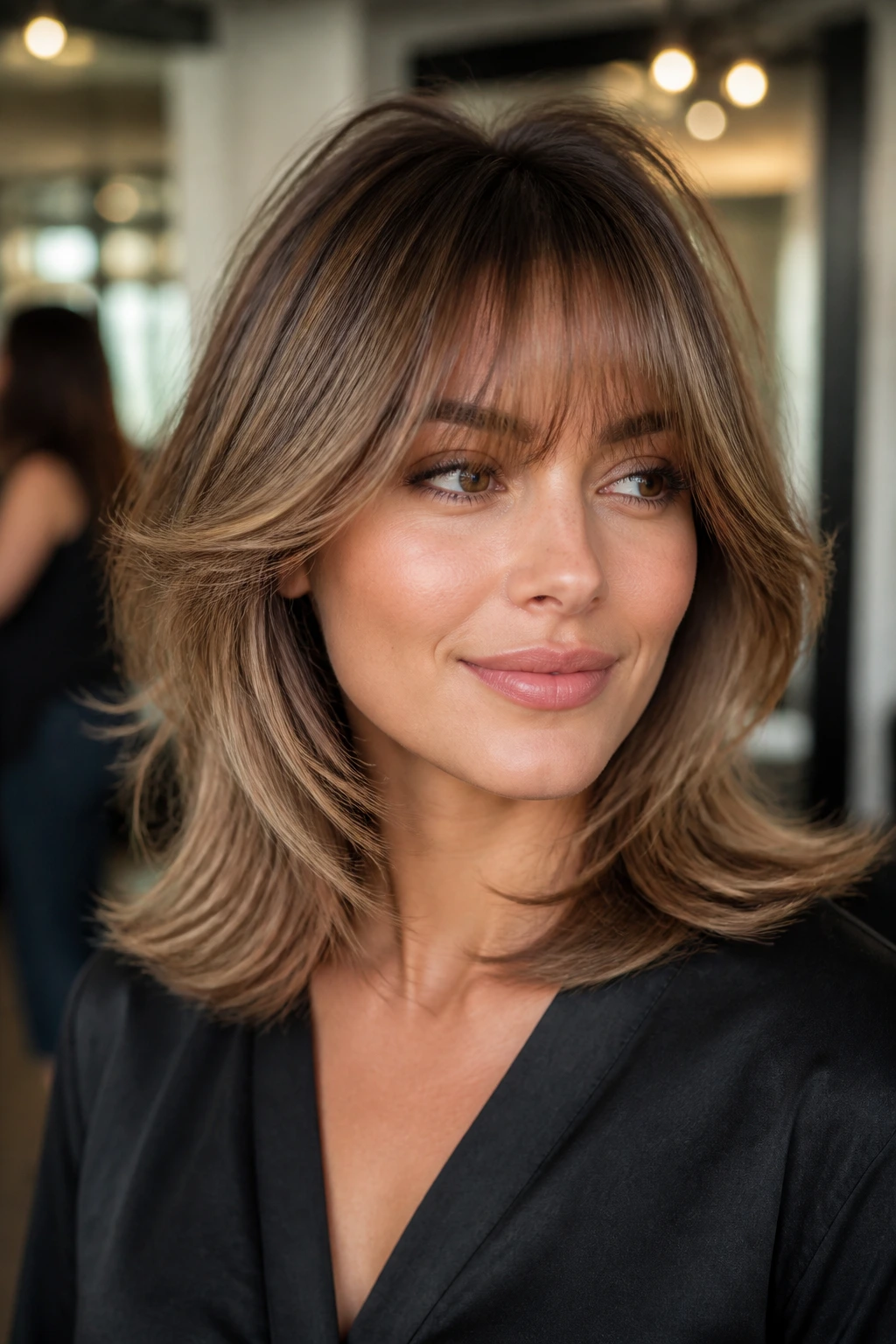 Close-up portrait of a real woman with feathered blowout and brow-skimming bangs in a salon
