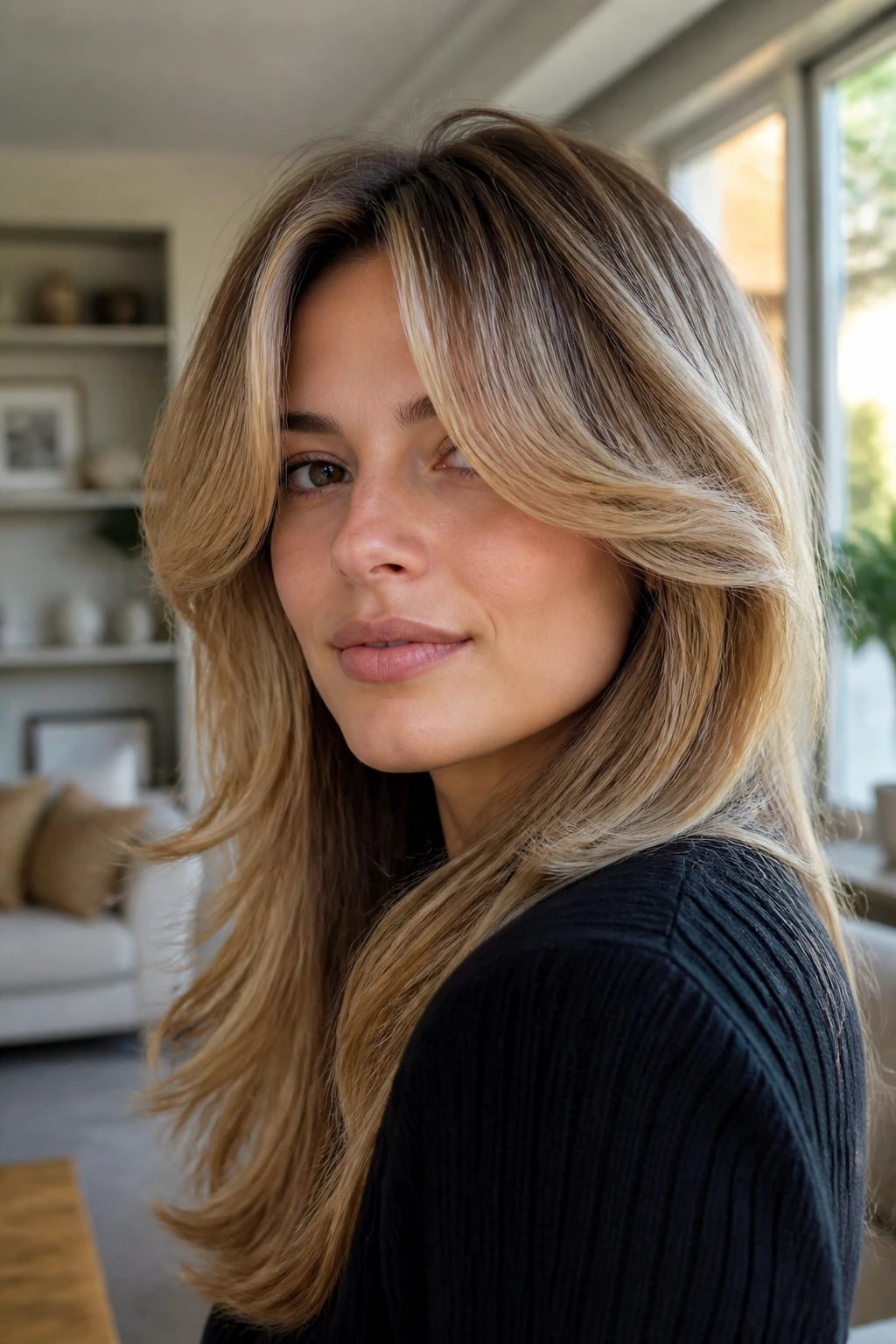 Close-up portrait of a real woman with feathered blowout curtain bangs in warm daylight