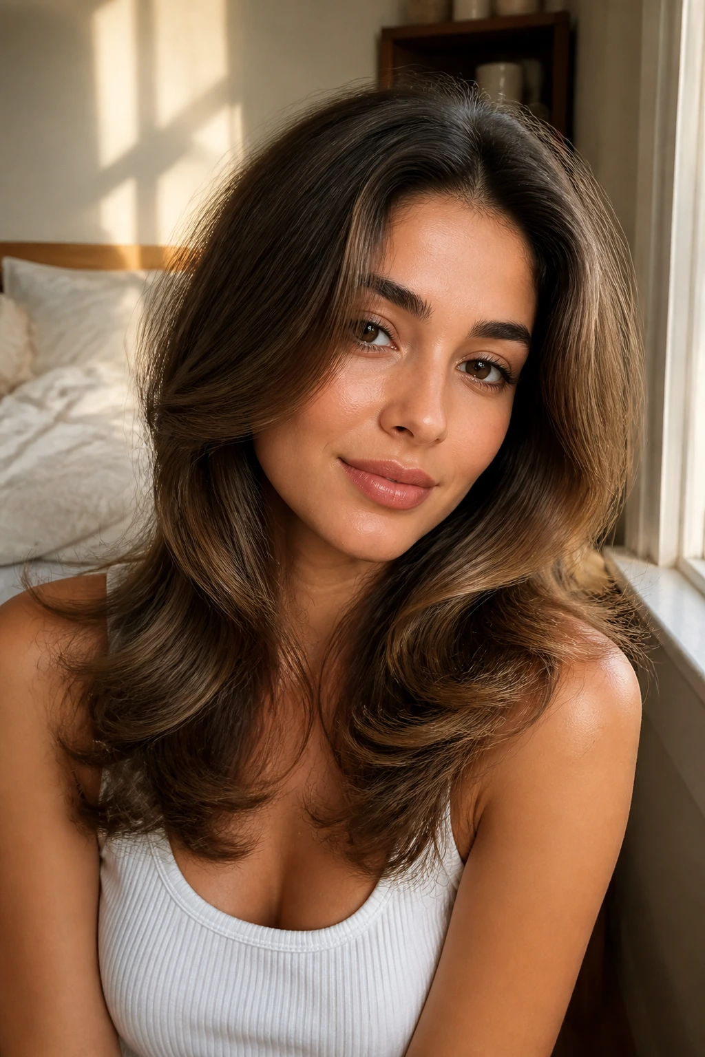 Close-up of a woman with feathered blowout and flipped ends in a soft, natural setting