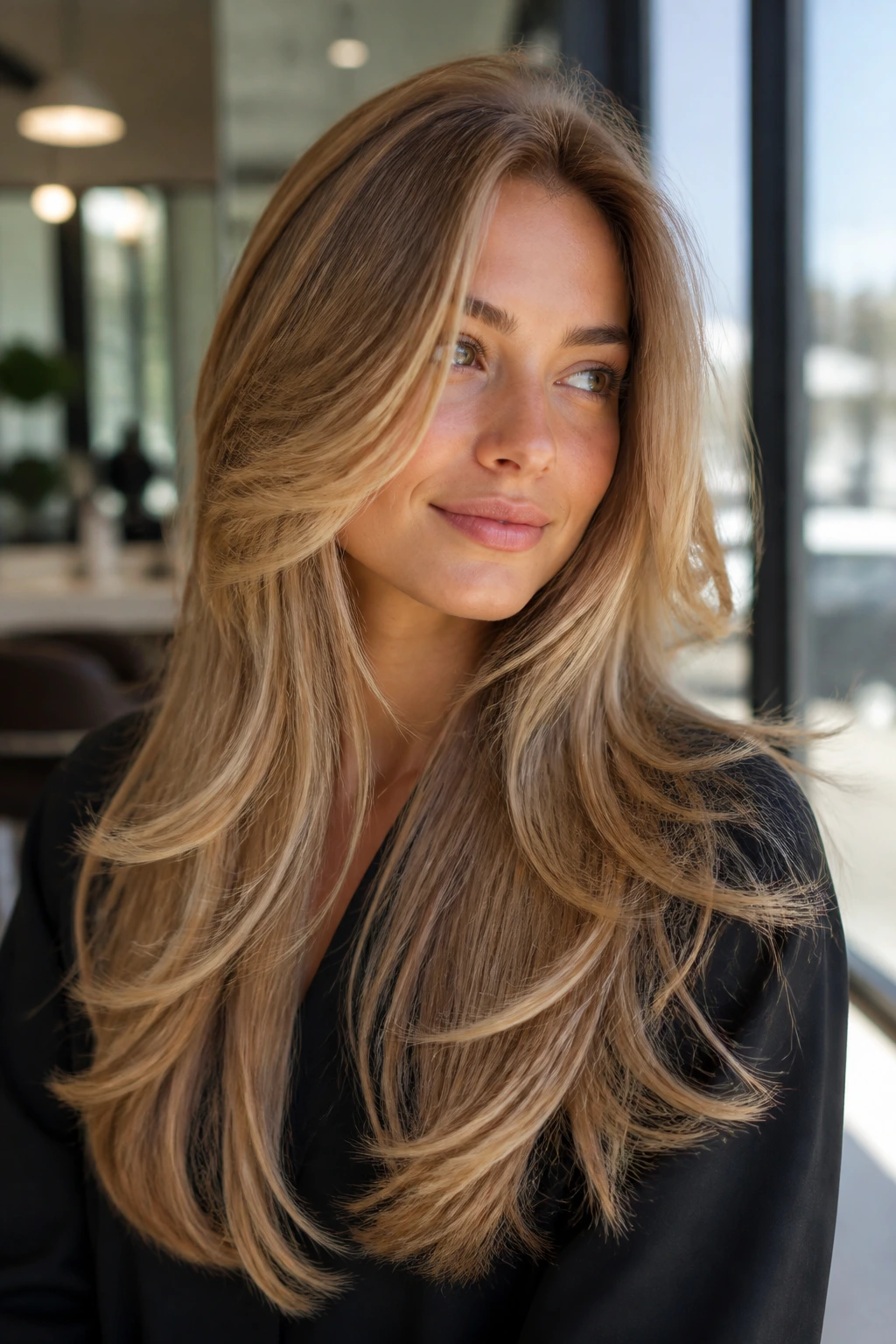 Close-up of real woman with feathered blowout layers and lift at the crown in a sunlit salon