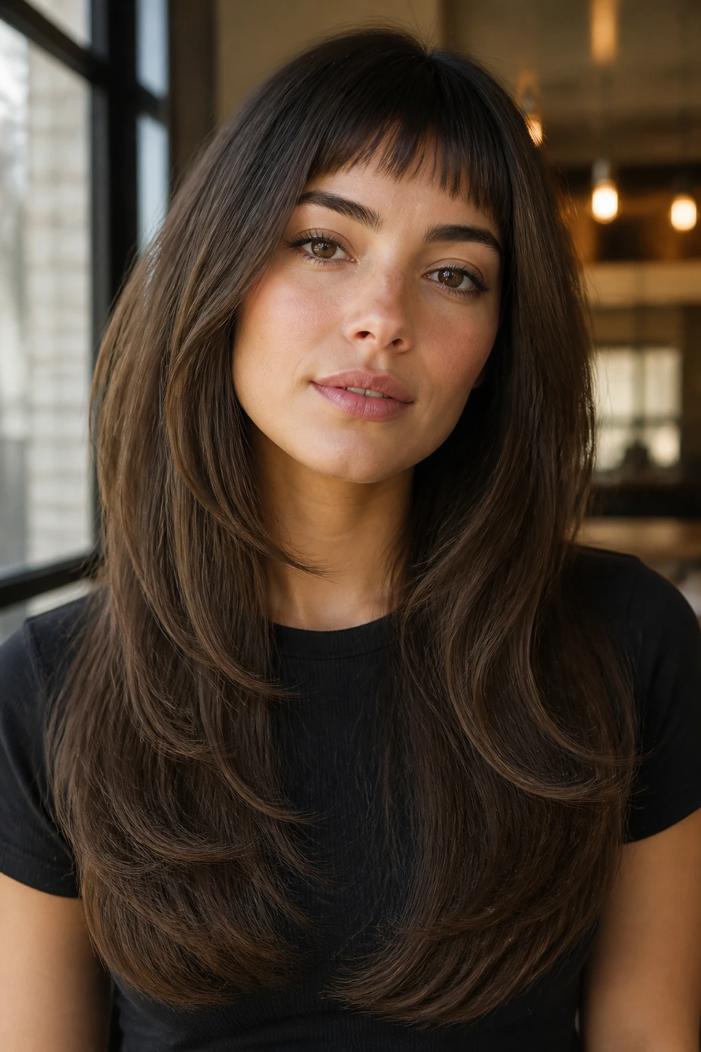 Portrait of a person with long feathered blowout and floating micro fringe