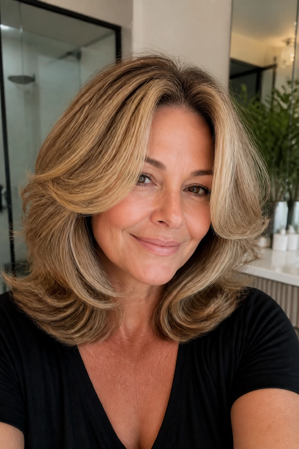 Close-up of real woman with voluminous feathered blowout