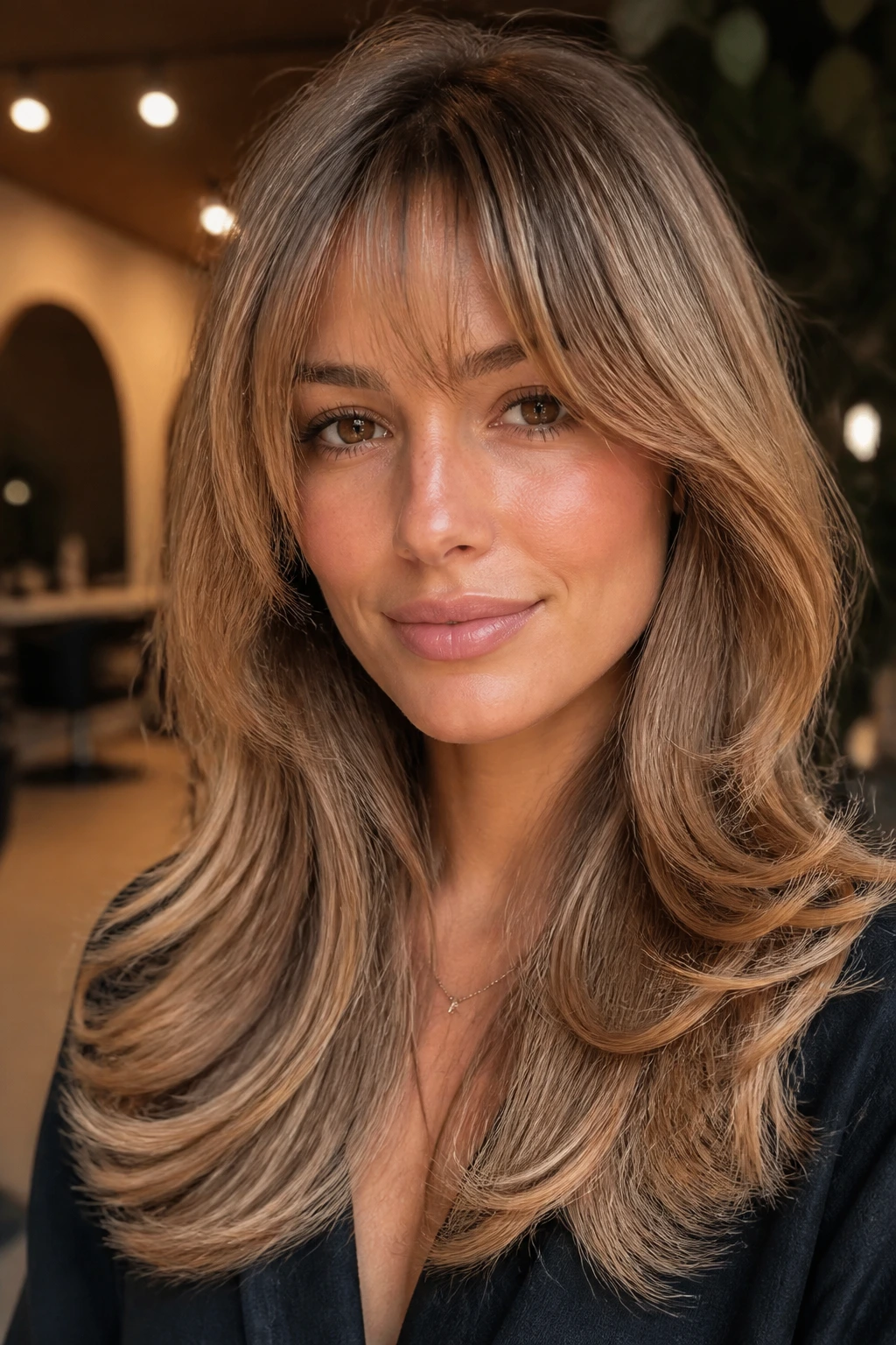 Close-up portrait of a real woman with feathered blowout and wispy bangs in warm salon lighting