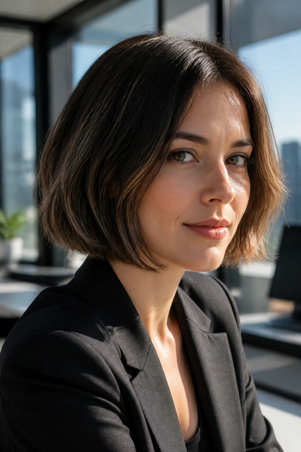 Close-up of a real person with feathered blunt bob hybrid showing sharp edge and feathered ends
