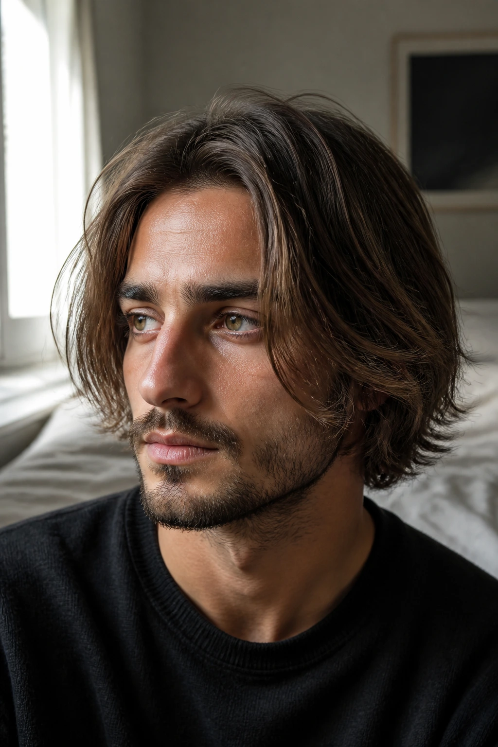 Man with feathered bob in soft window light