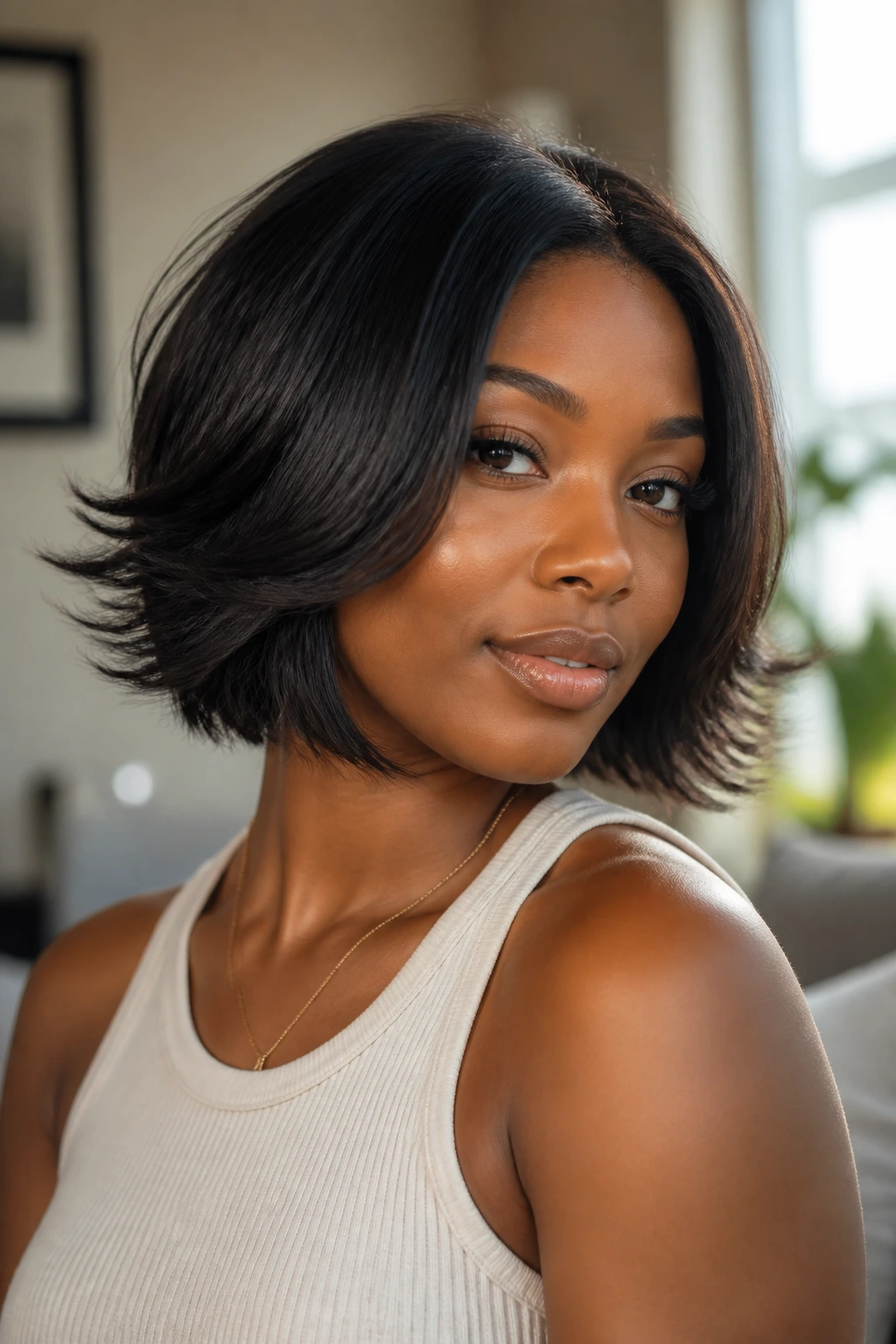 Close-up portrait of a real Black woman with a feathered bob and airy ends in natural light