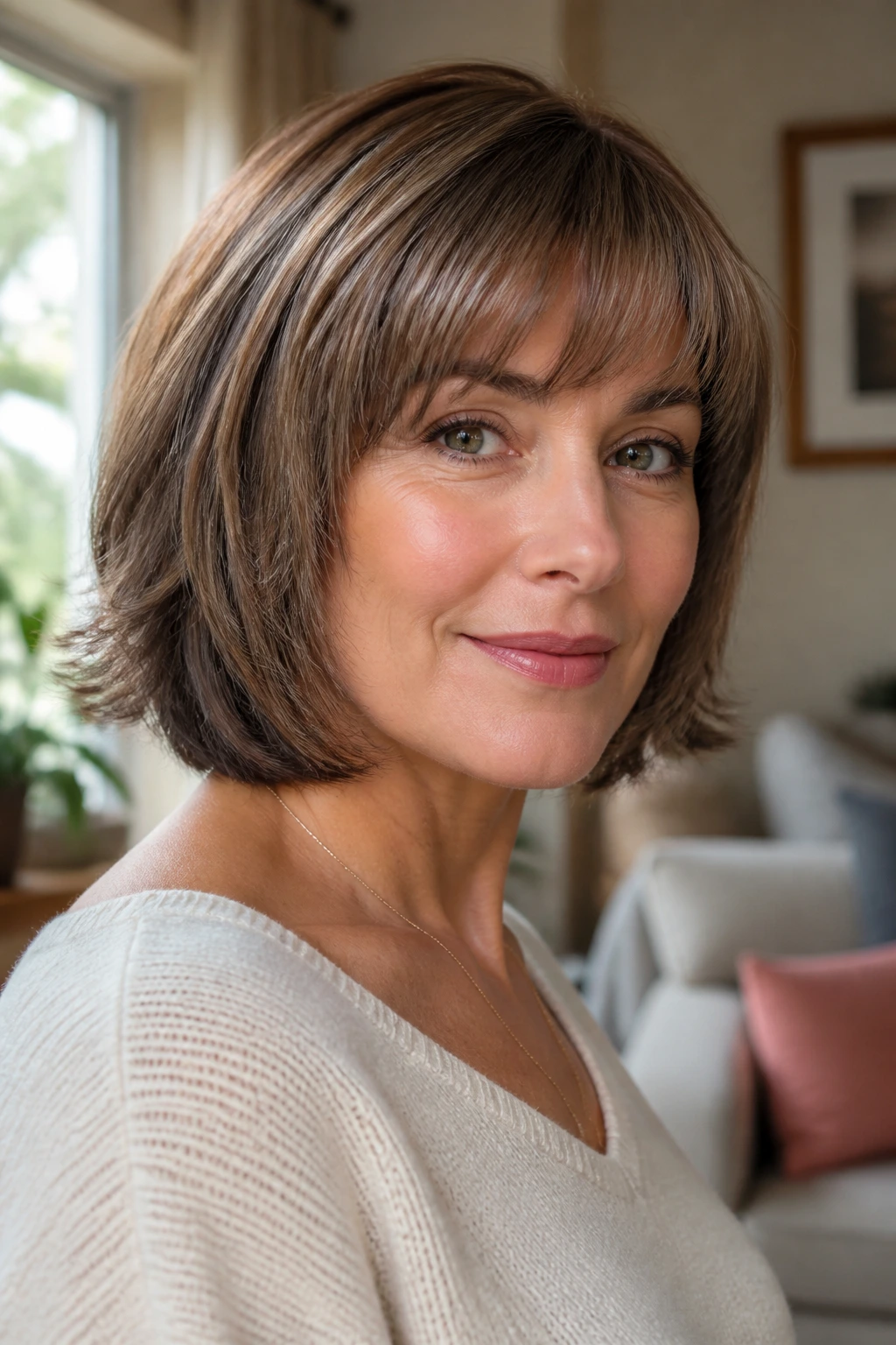 Portrait of a woman with feathered bob and arched bangs