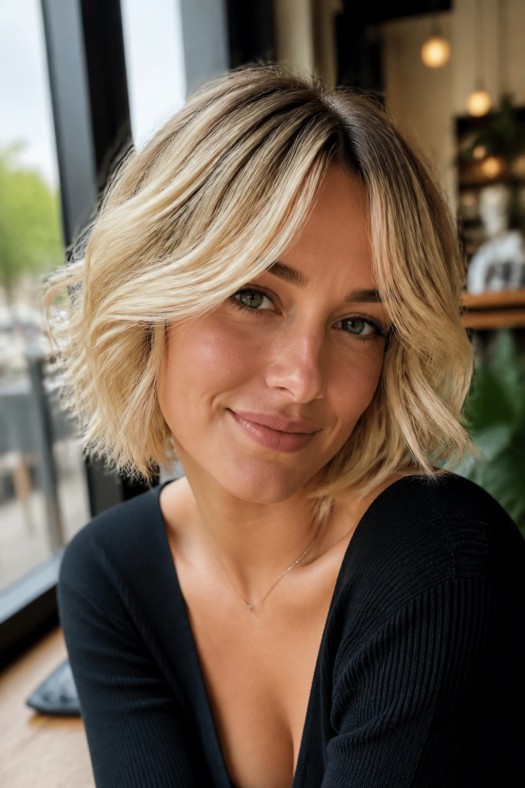 Close-up of a real woman with a feathered blonde bob, dark roots, and soft waves in a sunlit cafe