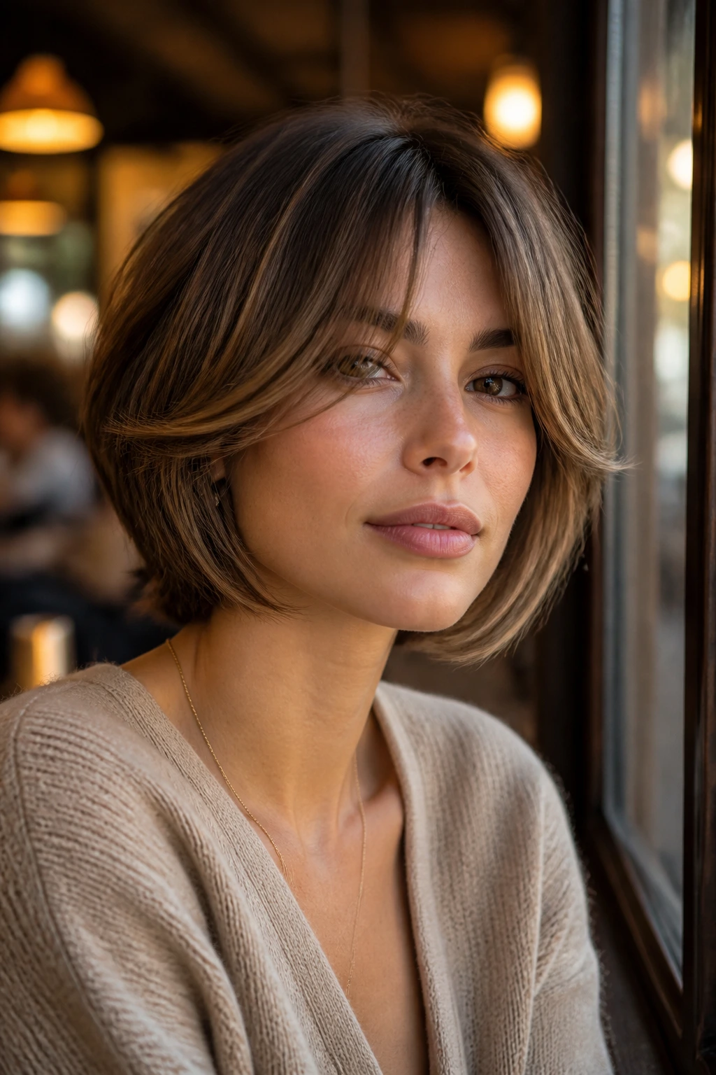 Close-up of a woman with a feathered bob and curtain bangs