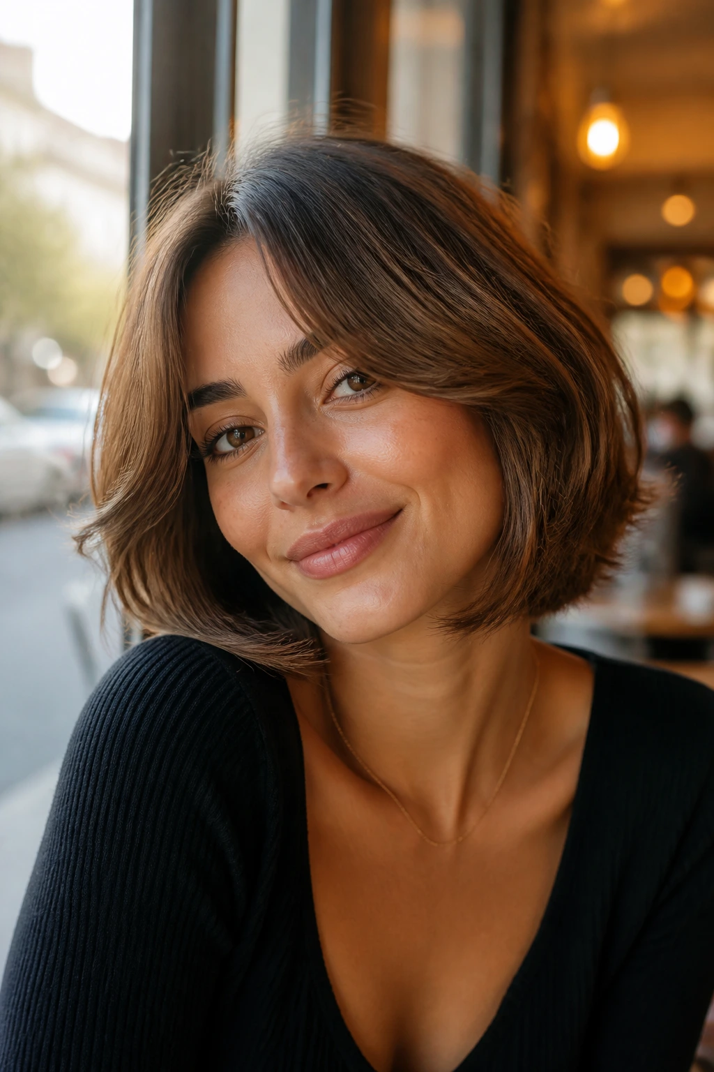 Close-up of a real woman with a feathered bob and curtain bangs framing the face.