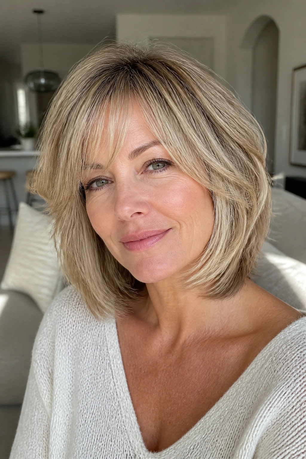 Close-up of a real woman with feathered bob and face-framing bangs in warm window light