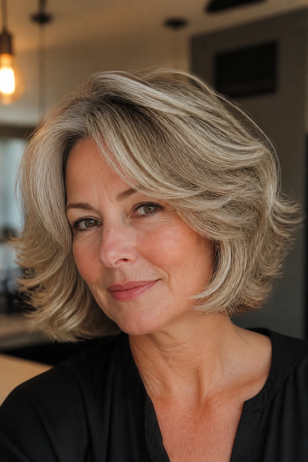 Portrait of a real woman with a feathered bob and face-framing layers