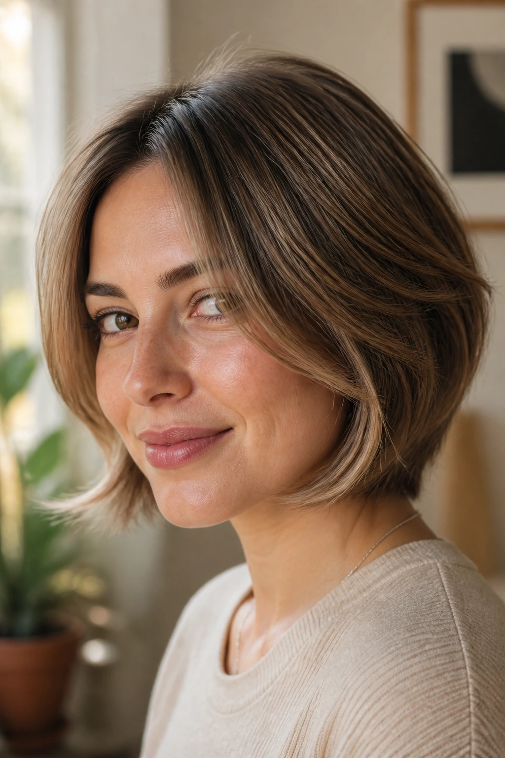 Close-up of a real woman with a feathered bob and face-framing pieces near a window.