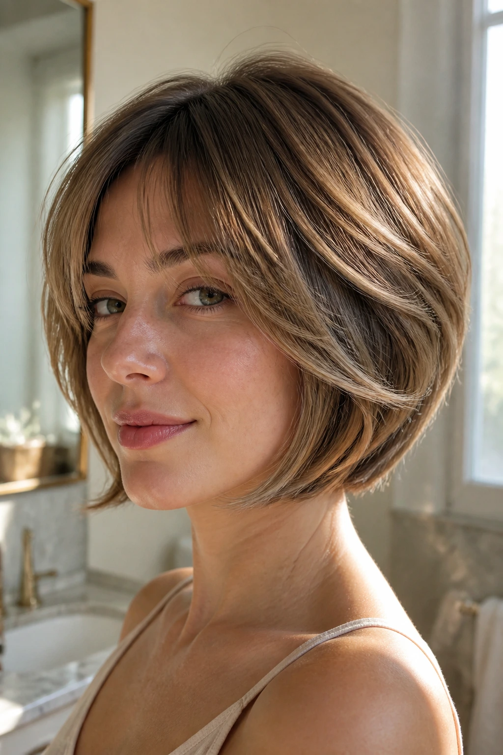 Close-up of a real woman with a feathered bob on fine, limp hair.