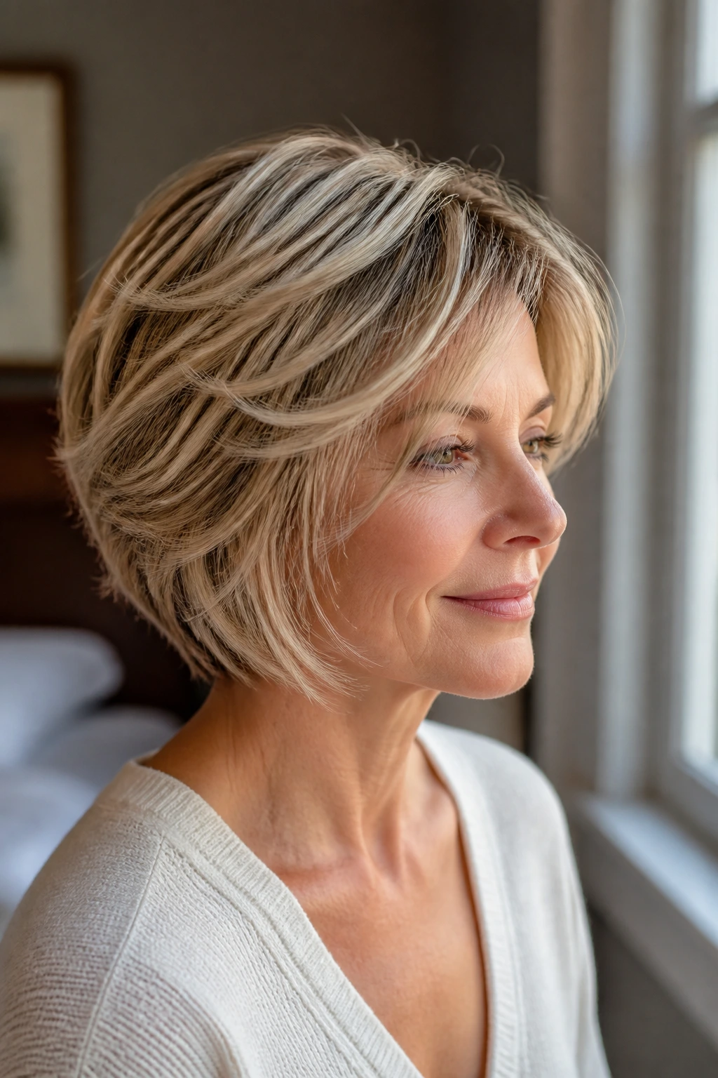 Close-up portrait of a woman with a feathered bob for fine hair.