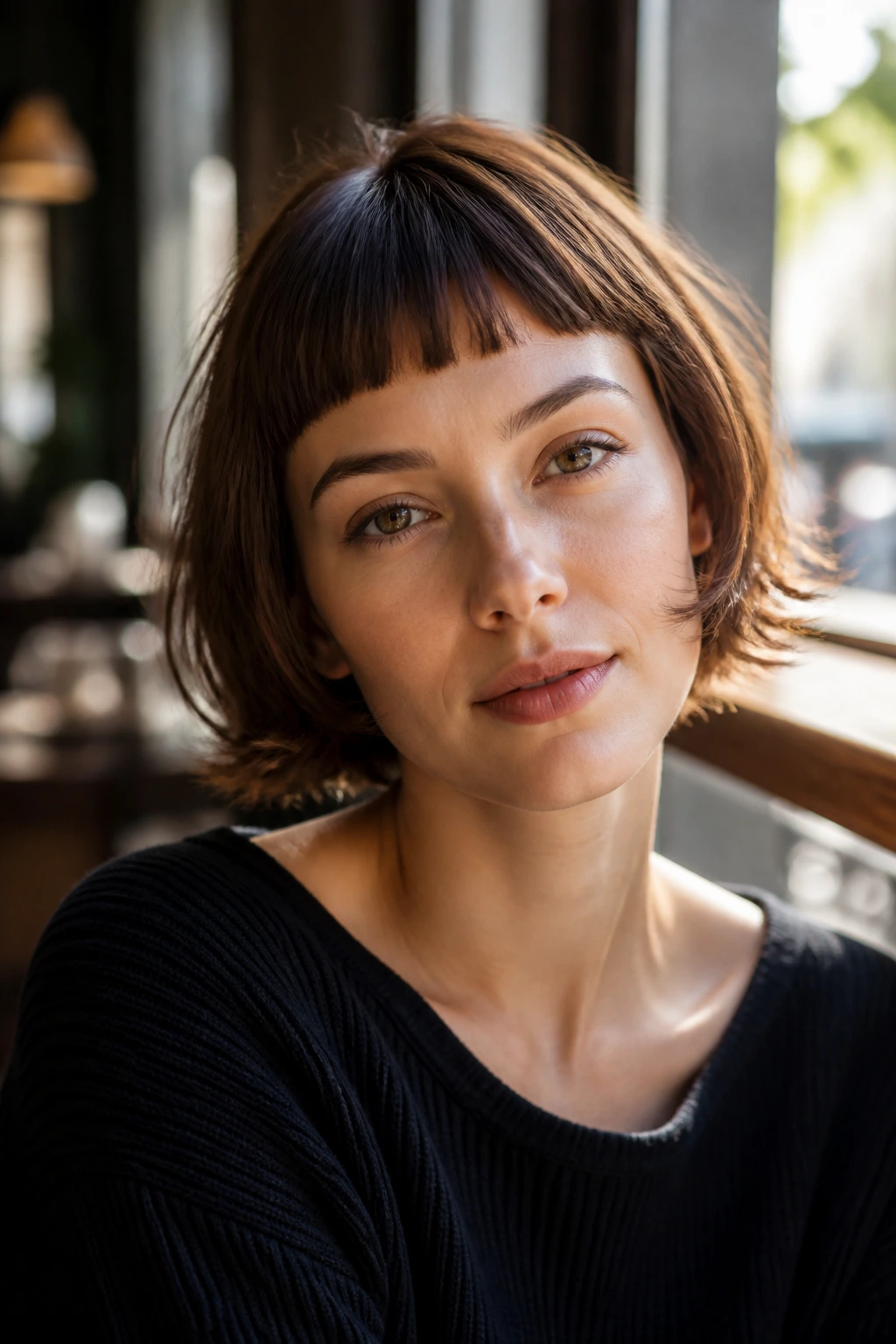 Close-up portrait of a real woman with a French feathered bob and micro fringe in natural daylight