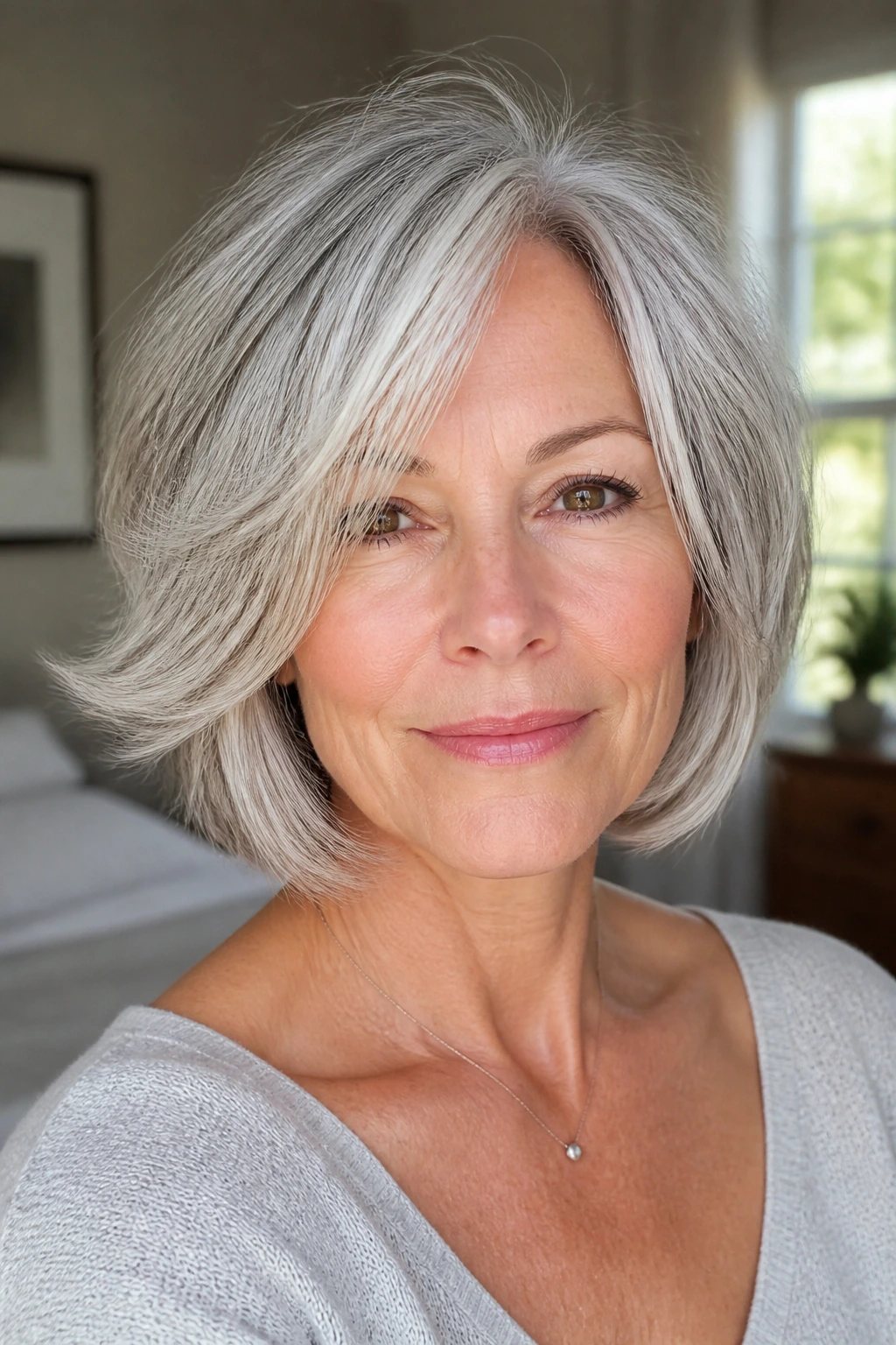 Close-up portrait of a real woman with a gray feathered bob showing lift at the ends