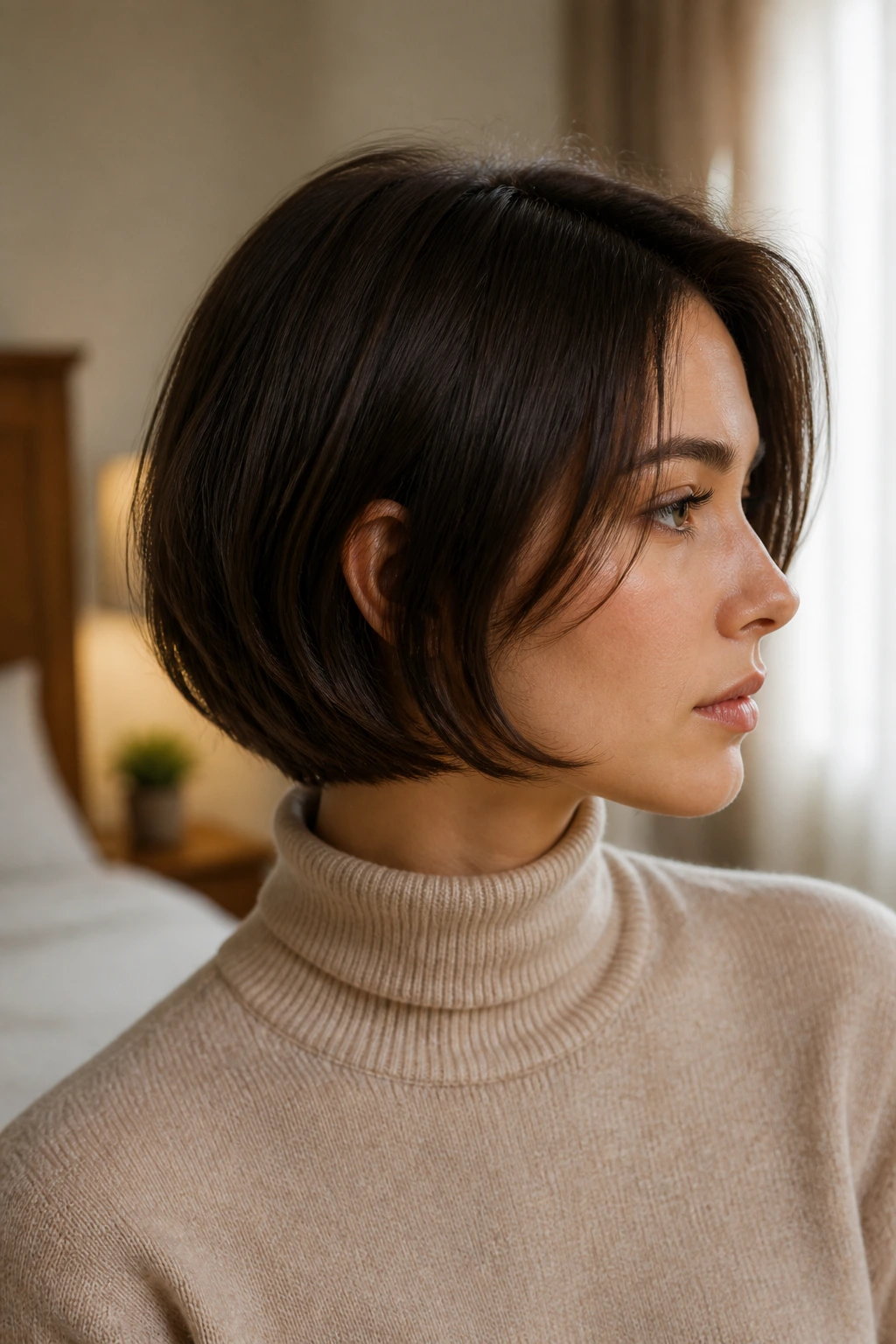 Close-up portrait of a real woman with a feathered neck-hugging bob in a warm bedroom