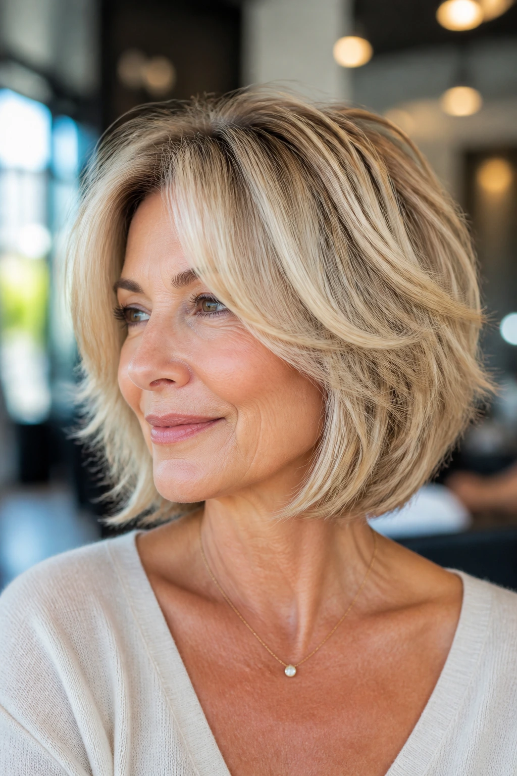 Close-up of a real woman with a feathered bob and face-framing highlights in bright window light.