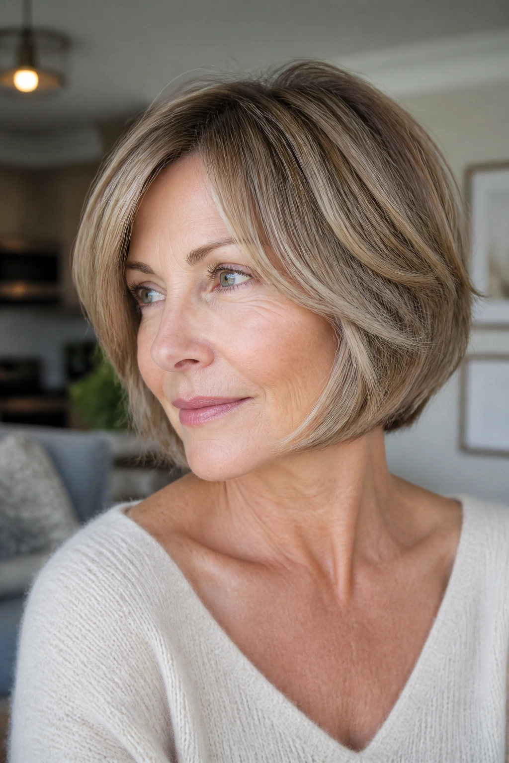 Close-up of real woman with jaw-skimming feathered bob