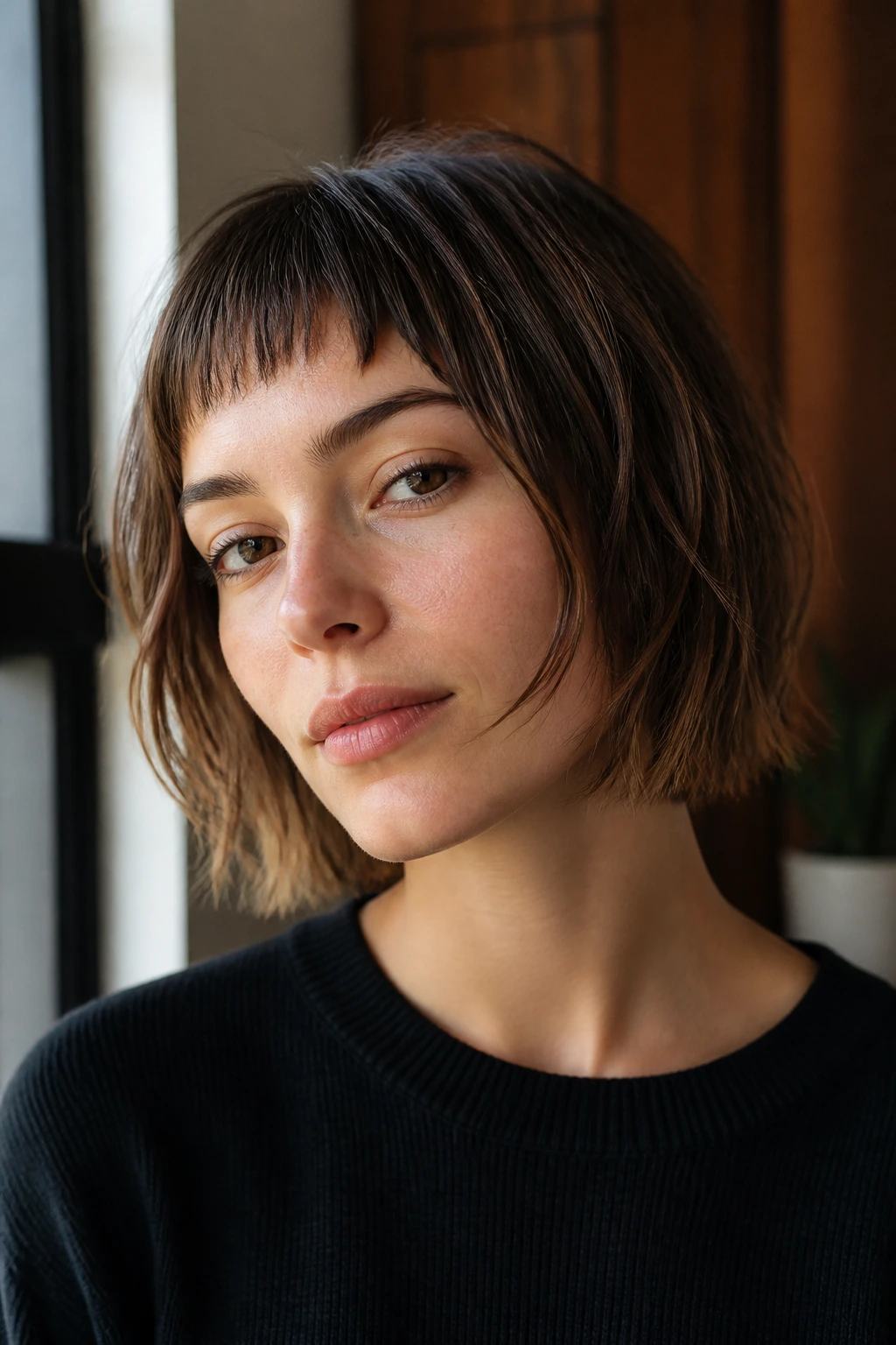 Close-up of a real woman with a micro-banged, piecey feathered bob.