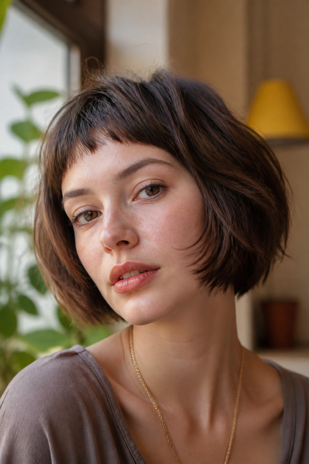 Portrait of a woman with chin-length feathered bob and wispy micro-bangs