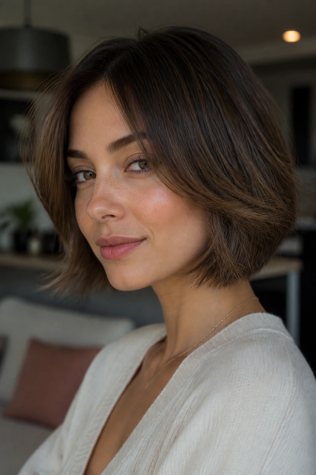 Portrait of a woman with feathered bob showing a mood change