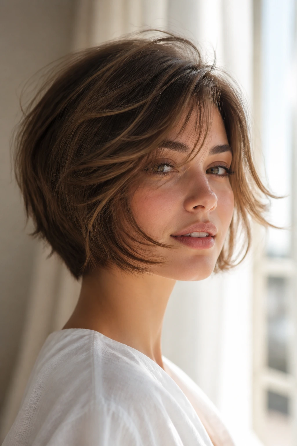 Real woman sporting a feathered bob with soft movement in bright natural light.