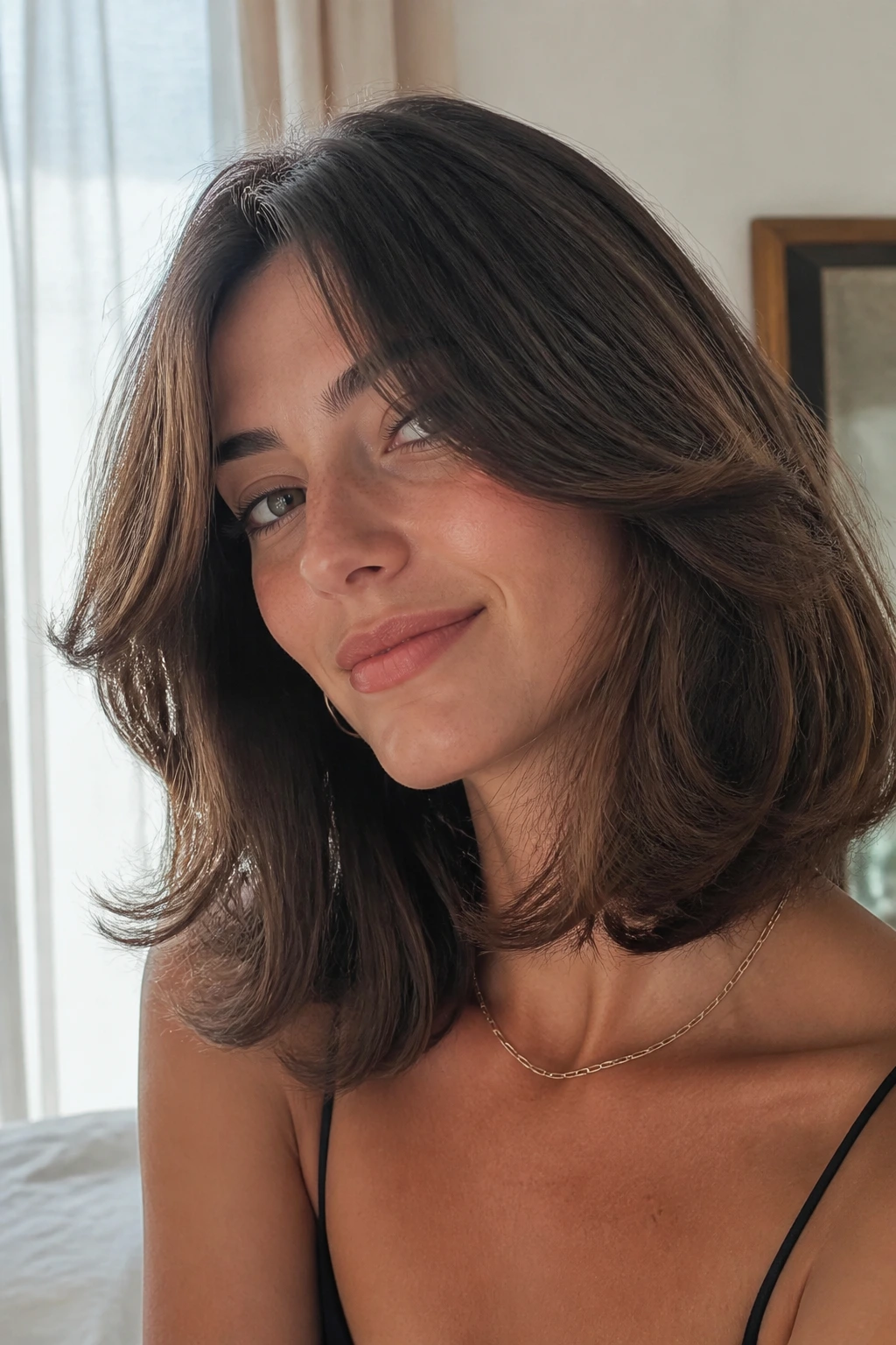 Close-up portrait of a real woman with a feathered bob showing soft, lifted ends and movement