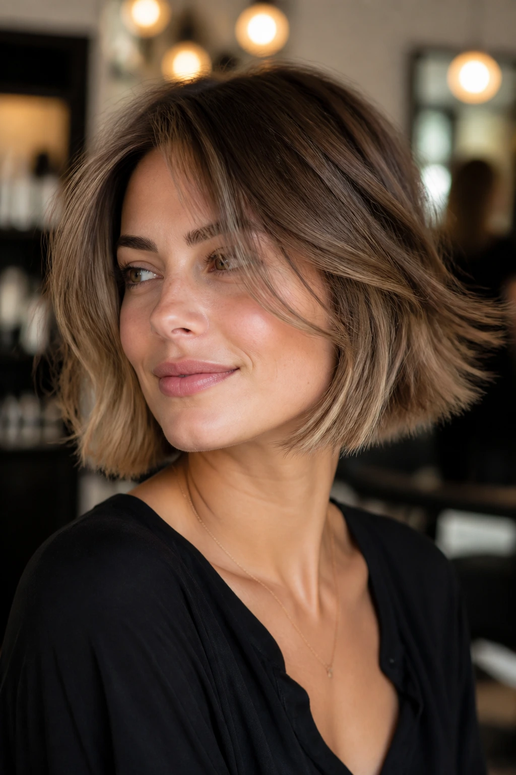 Close-up of a real person with feathered bob moving naturally, showcasing movement and light feathering