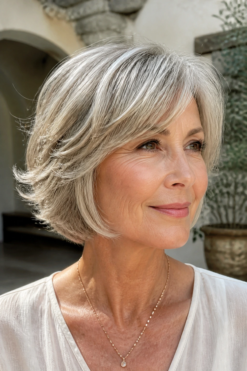 Portrait of a woman with a feathered bob and airy ends
