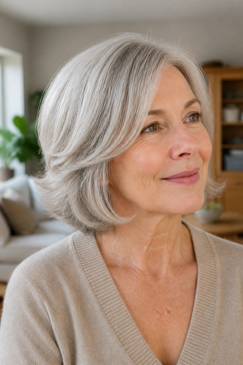 Real woman with feathered bob and flicked-out ends