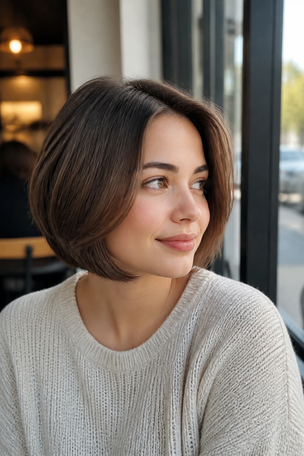 Close-up of a real woman with a feathered short bob in soft daylight
