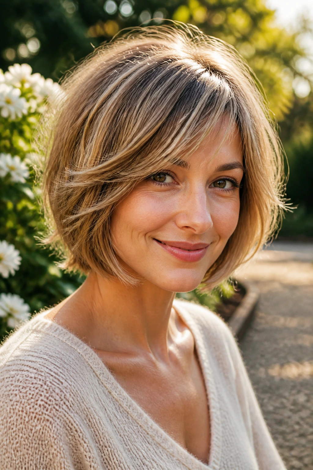 Real woman with a softly feathered bob showing gentle movement