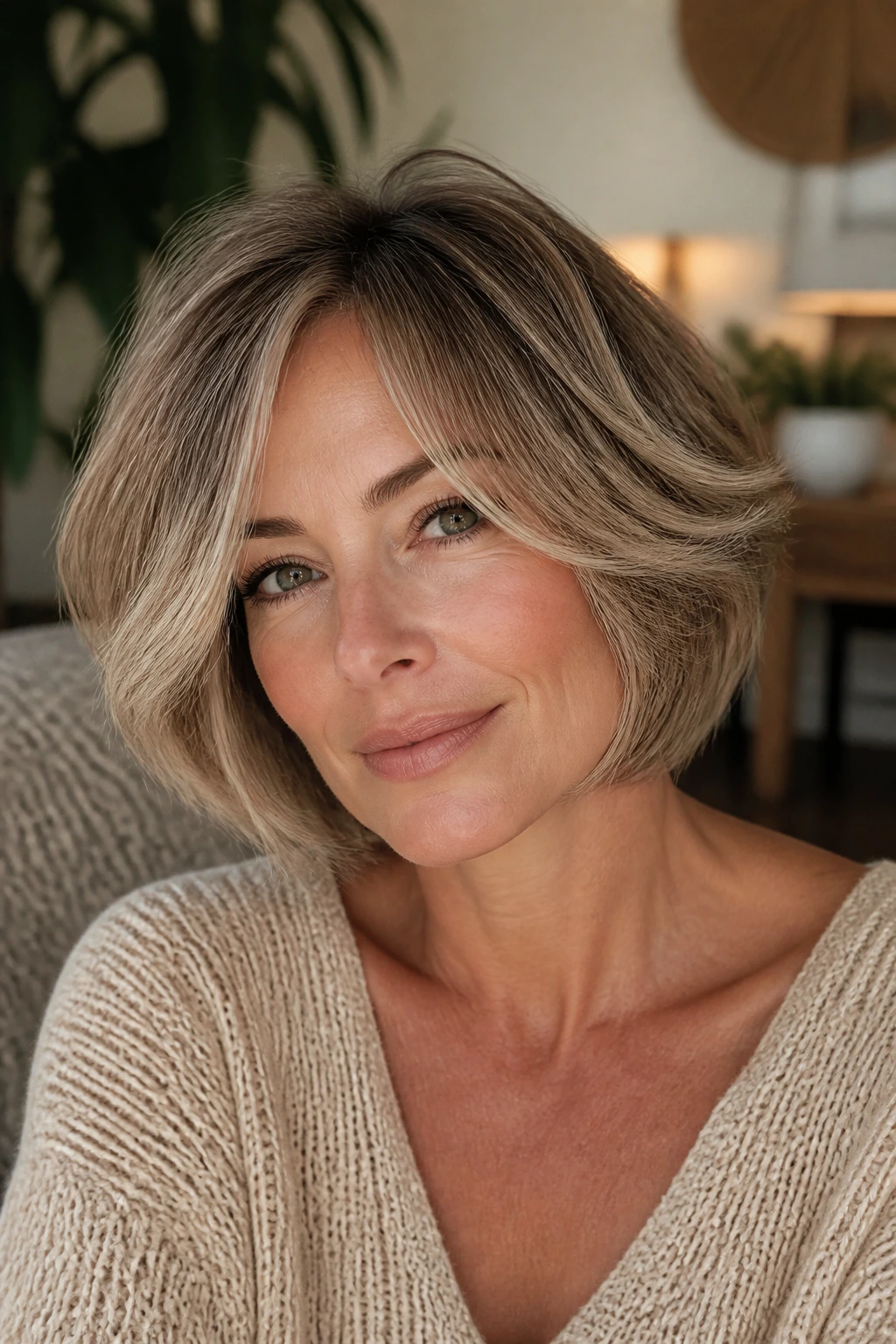 Close-up portrait of a real woman with a feathered bob and airy texture