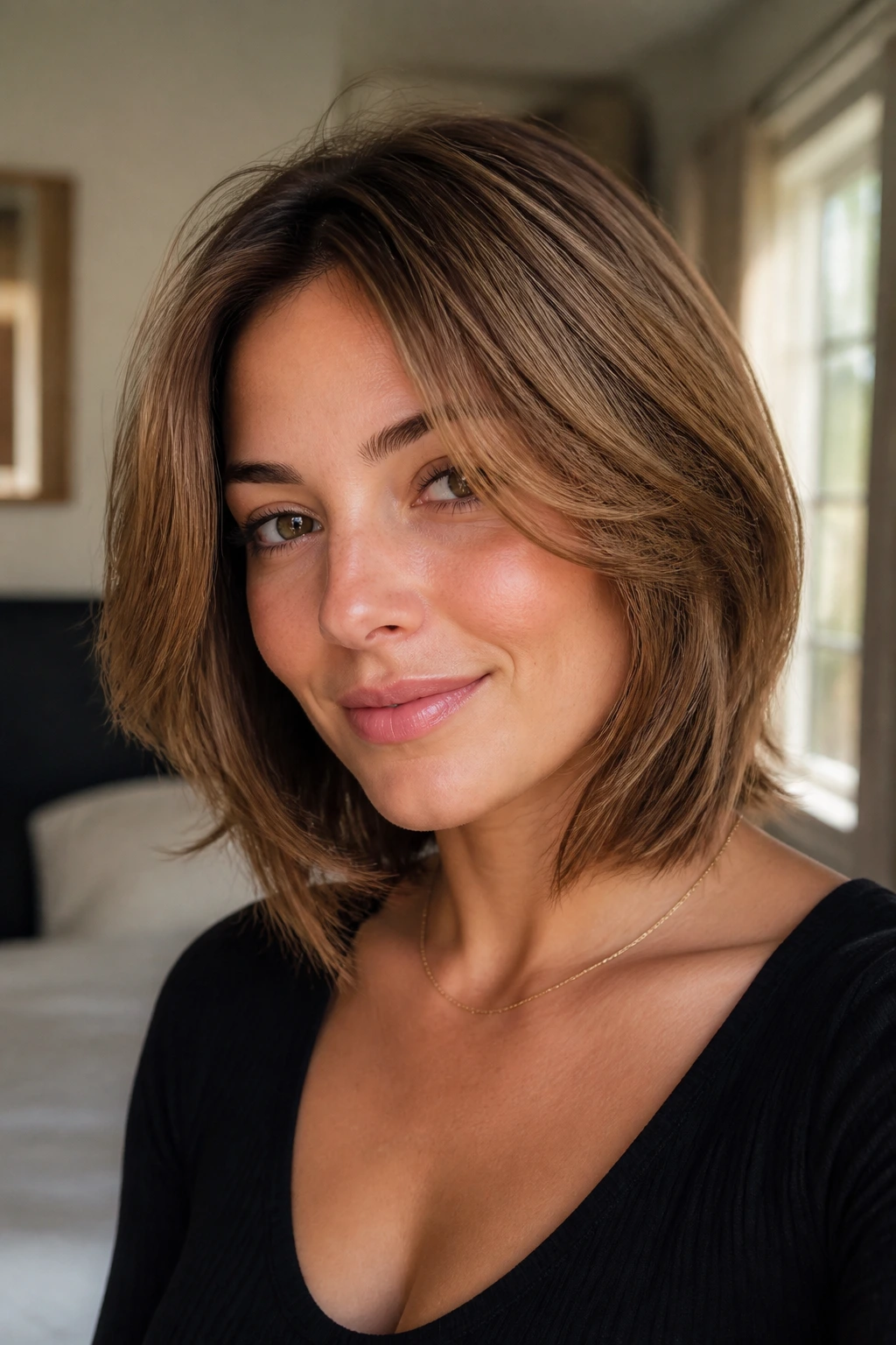 Close-up of real person with Feathered Bob hairstyle, soft layered ends