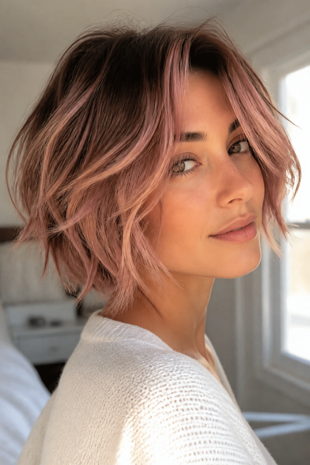 Real woman with feathered bob and rose gold balayage in bright window light