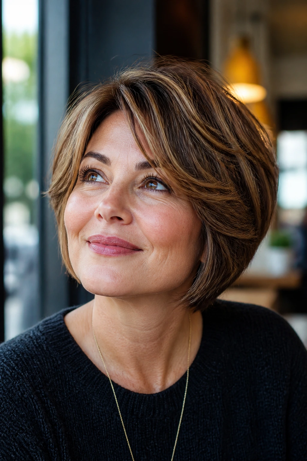 Portrait of a real woman with a feathered bob lifting at the crown near a cafe window