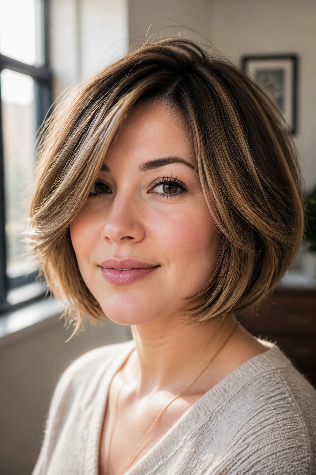 Close-up of a real woman with a feathered bob flattering a round face.