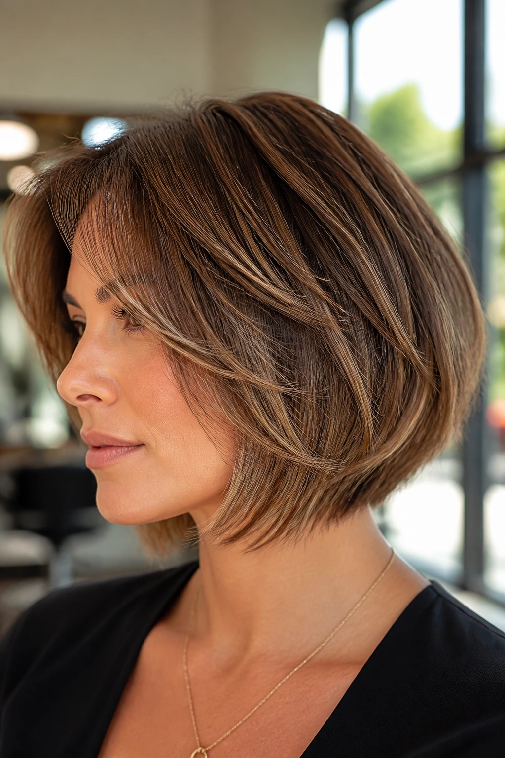 Close-up of a real woman with a feathered bob in a sunlit salon