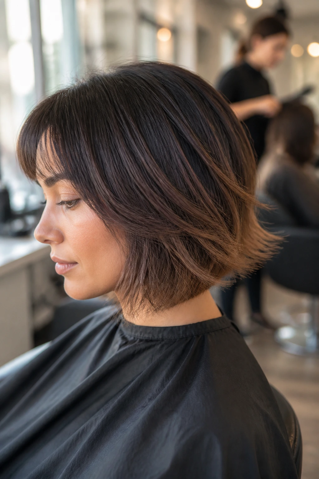 Close-up portrait of a woman with a feathered bob in a salon chair