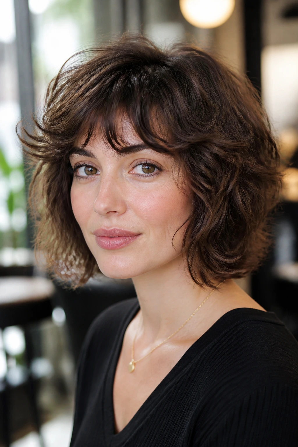 Real woman with feathered bob shag in a bright setting