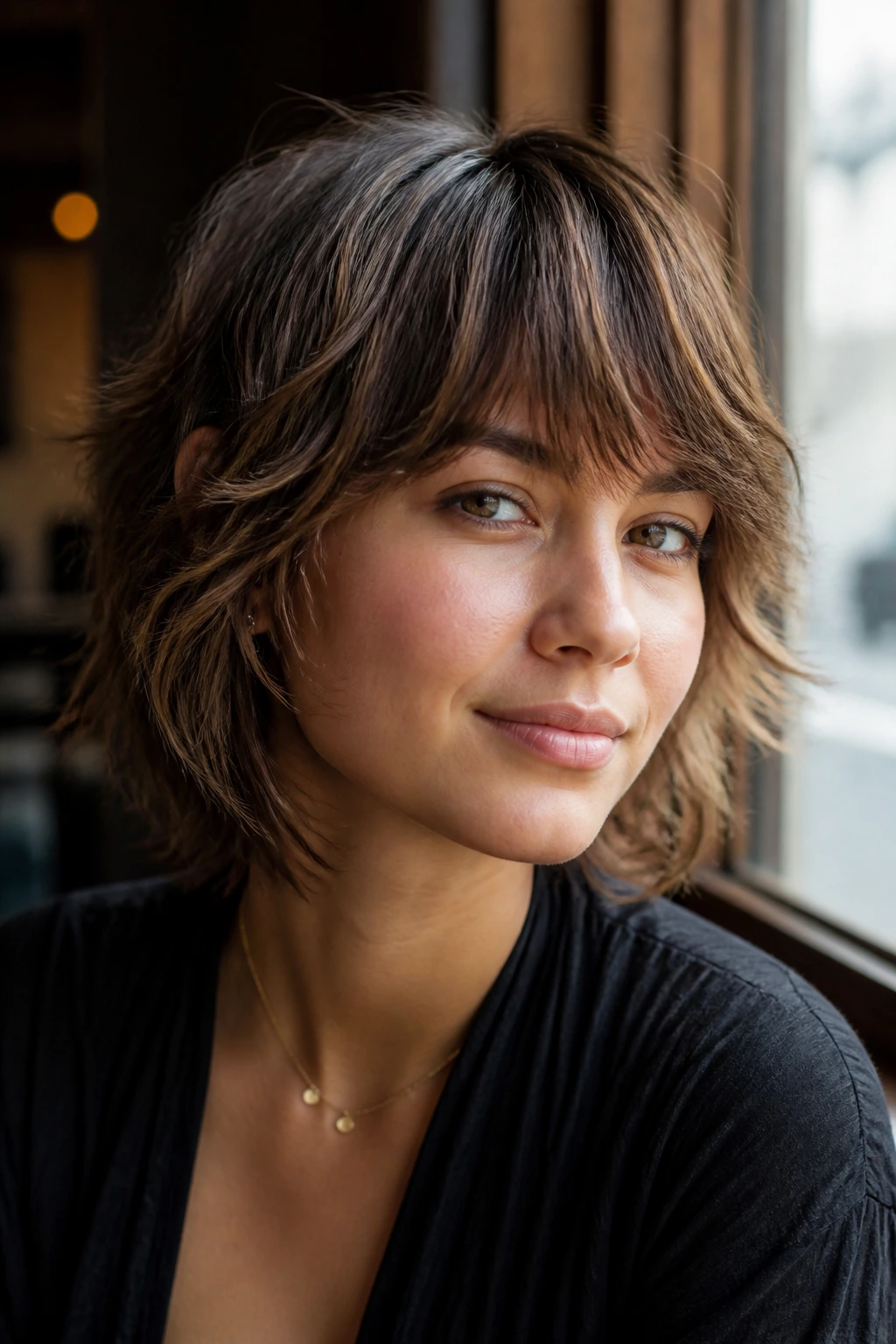 Close-up portrait of a real woman with a feathered bob and soft arc fringe in warm light.