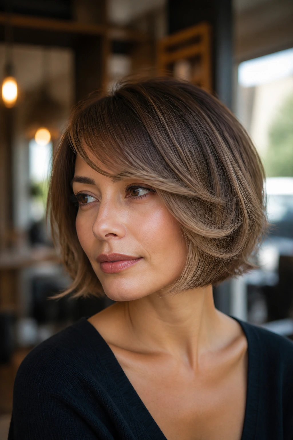 Close-up of a real woman with feathered bob and side-swept bangs