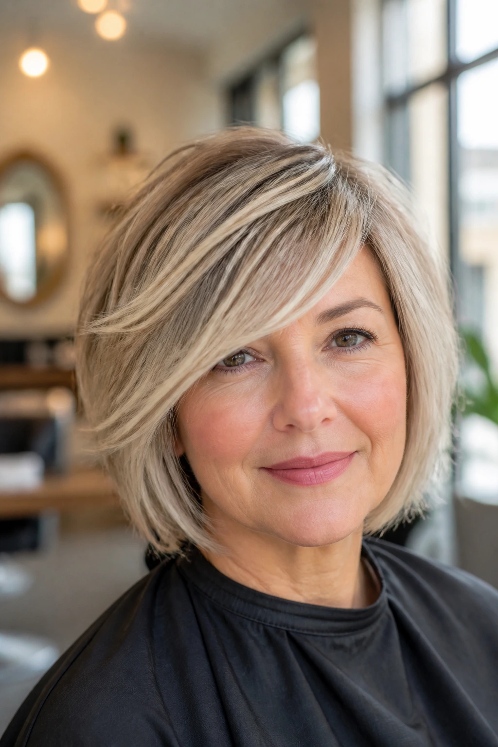 Close-up portrait of a real woman with feathered bob and side-swept bangs