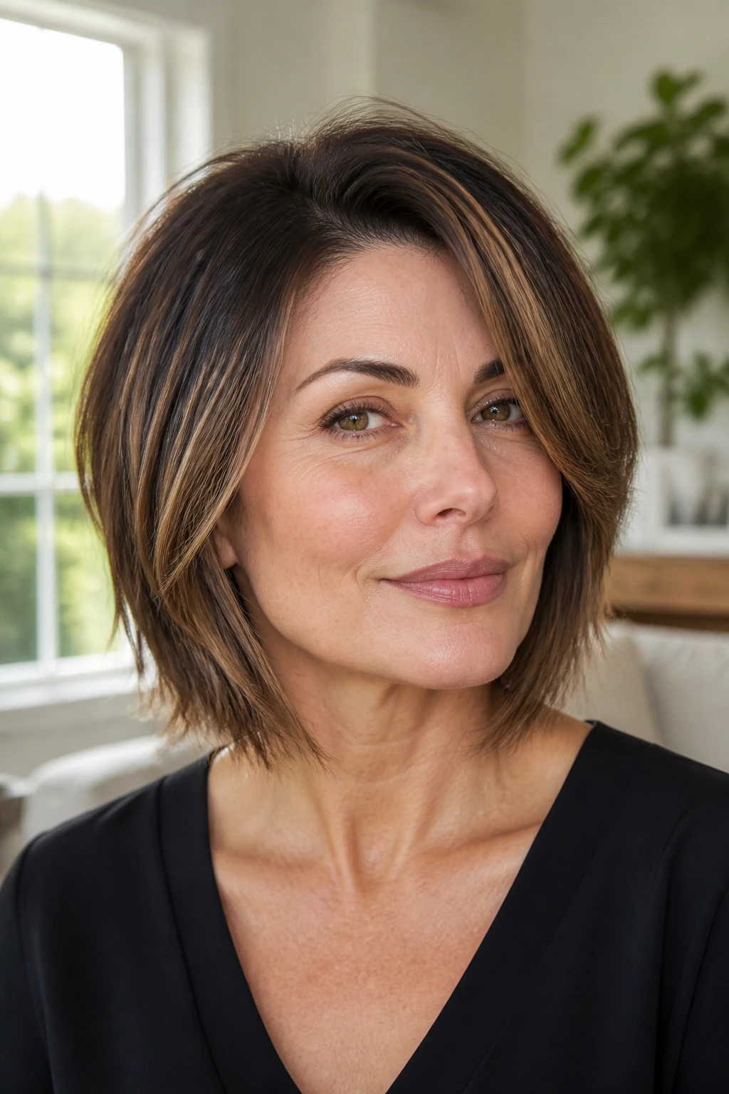 Close-up of a real woman with a feathered bob softening a square jawline.