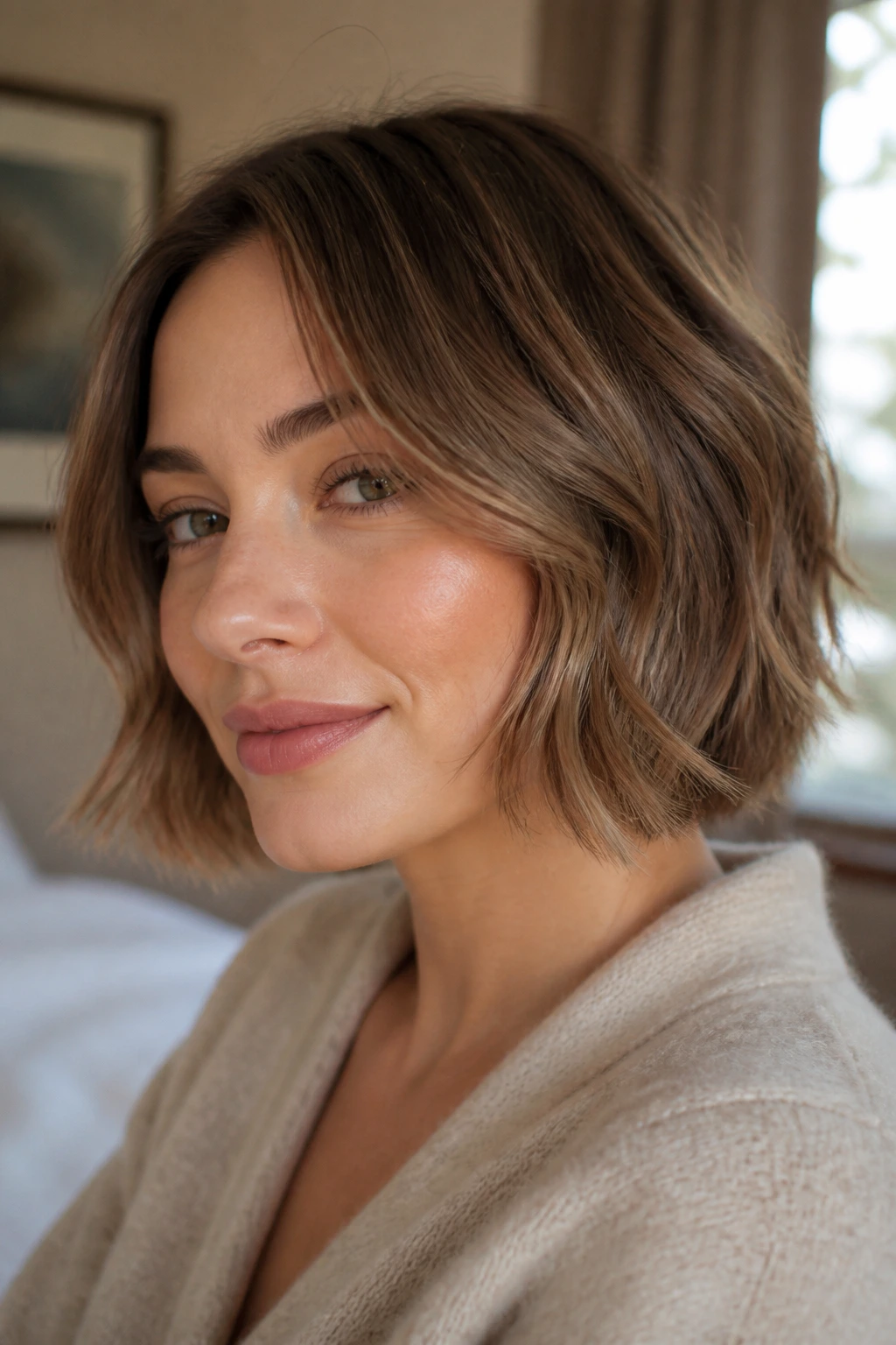 Close-up of a real woman with a soft feathered bob and tapered ends in warm window light.